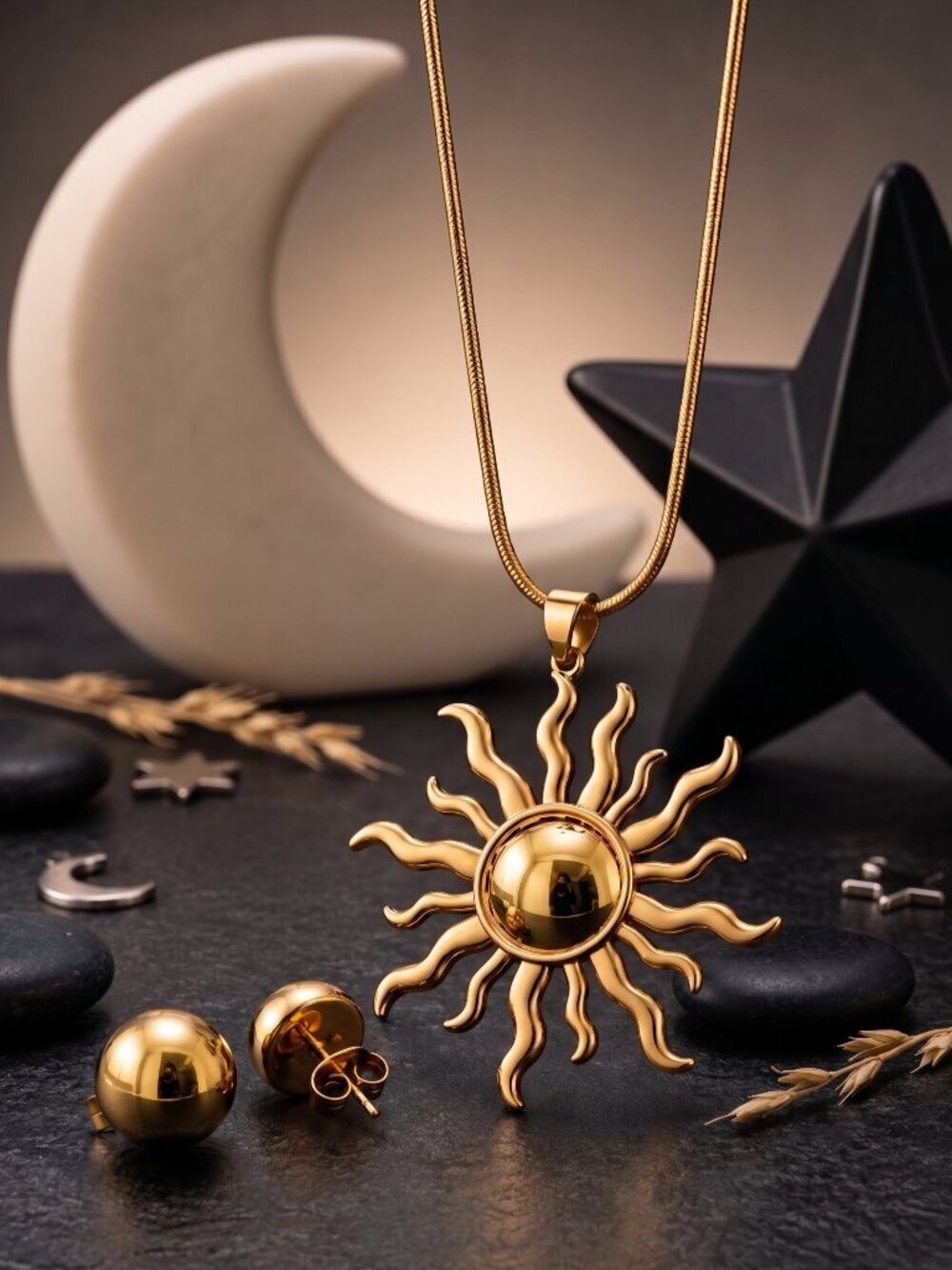 Sun Pendant Necklace and Stud Earrings Set Gold Celestial Snake Chain 18"
